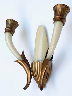 Italian Ivory White Blown Murano Glass & Coppered Brass Sconces, 1940s, Set of 2-JDR-1125984