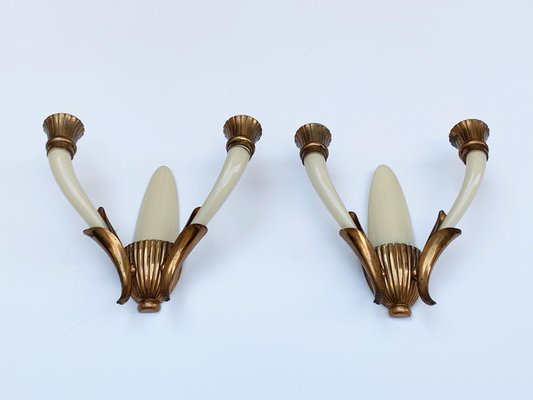 Italian Ivory White Blown Murano Glass & Coppered Brass Sconces, 1940s, Set of 2-JDR-1125984