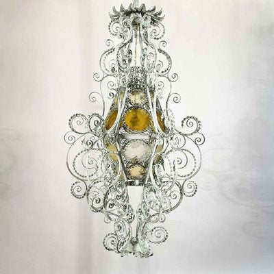 Italian Lantern in Light Green Wrought Iron and Amber Glass, 1890s-TBU-2034894