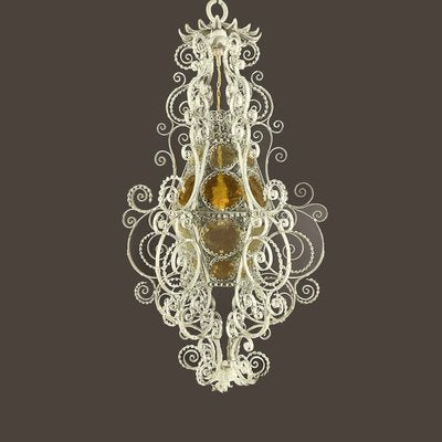 Italian Lantern in Light Green Wrought Iron and Amber Glass, 1890s-TBU-2034894