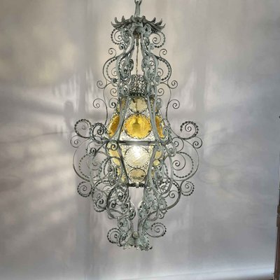 Italian Lantern in Light Green Wrought Iron and Amber Glass, 1890s-TBU-2034894