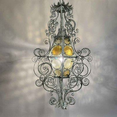 Italian Lantern in Light Green Wrought Iron and Amber Glass, 1890s-TBU-2034894