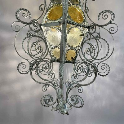 Italian Lantern in Light Green Wrought Iron and Amber Glass, 1890s-TBU-2034894