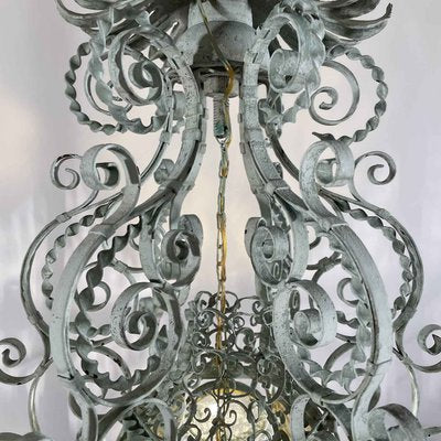 Italian Lantern in Light Green Wrought Iron and Amber Glass, 1890s-TBU-2034894