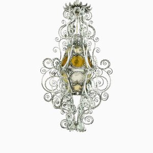 Italian Lantern in Light Green Wrought Iron and Amber Glass, 1890s-TBU-2034894