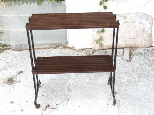 Italian Magazine Rack Trolley in Fur Wood with Metal Wheels, 1970s-RAQ-1057475