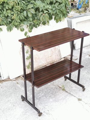 Italian Magazine Rack Trolley in Fur Wood with Metal Wheels, 1970s-RAQ-1057475