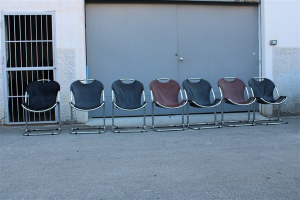 Italian Metal and Leather Dining Chairs, 1970s, Set of 7-EH-687737