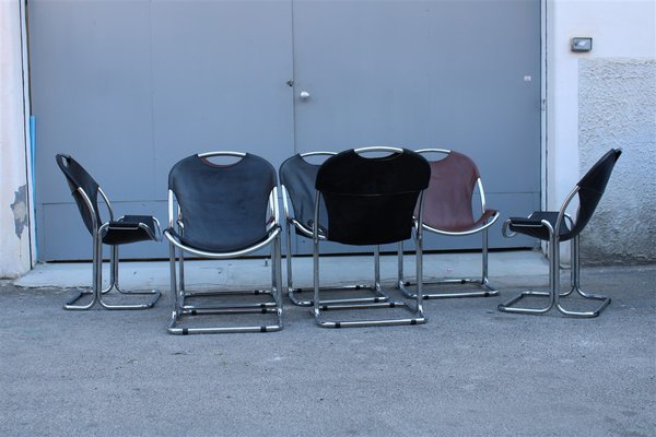 Italian Metal and Leather Dining Chairs, 1970s, Set of 7-EH-687737