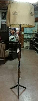 Italian Metal and Wood Floor Lamp with Decorated Paper Shade, 1960s-RAQ-625447