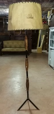 Italian Metal and Wood Floor Lamp with Decorated Paper Shade, 1960s-RAQ-625447