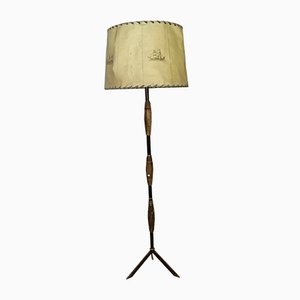 Italian Metal and Wood Floor Lamp with Decorated Paper Shade, 1960s-RAQ-625447