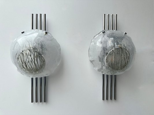 Italian Metal Chrome Sconces and Textured Murano Glass by Angelo Brotto for Esperia, 1970s, Set of 2-FUE-2017492