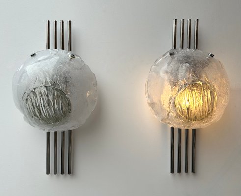 Italian Metal Chrome Sconces and Textured Murano Glass by Angelo Brotto for Esperia, 1970s, Set of 2-FUE-2017492