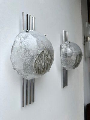 Italian Metal Chrome Sconces and Textured Murano Glass by Angelo Brotto for Esperia, 1970s, Set of 2-FUE-2017492