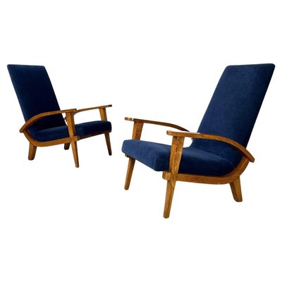 Italian Mid-Century Modern Wood and Blue Fabric Lounge Chairs, 1950s, Set of 2-GDD-1784820