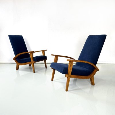 Italian Mid-Century Modern Wood and Blue Fabric Lounge Chairs, 1950s, Set of 2-GDD-1784820