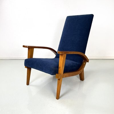 Italian Mid-Century Modern Wood and Blue Fabric Lounge Chairs, 1950s, Set of 2-GDD-1784820