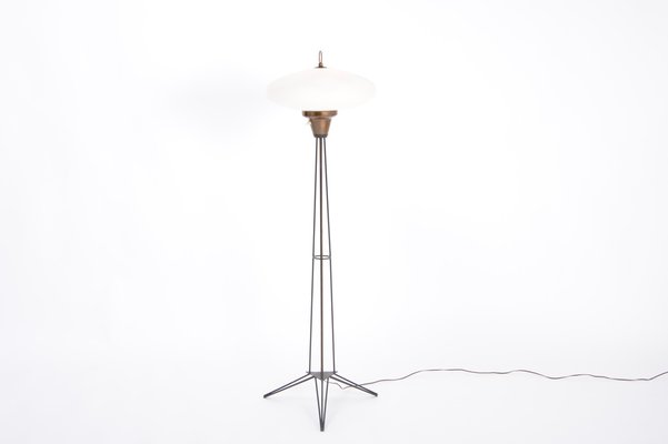 Italian Mid-Century Opaline Glass and Iron Floor Lamp in the Style of Stilnovo-FN-1029550