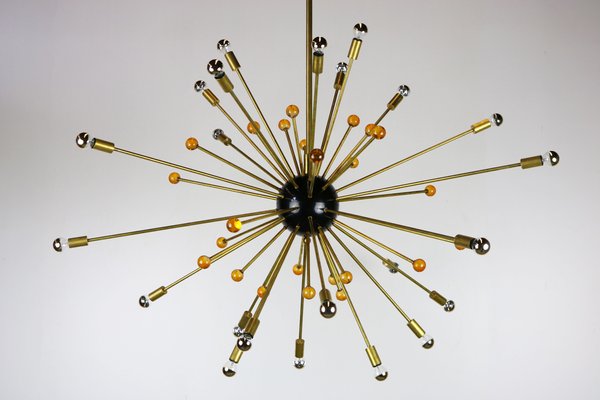 Italian Minimalist Sputnik Chandelier in Black, Gold & Murano Glass in the Style of Stilnovo, 1950s-WIP-671310