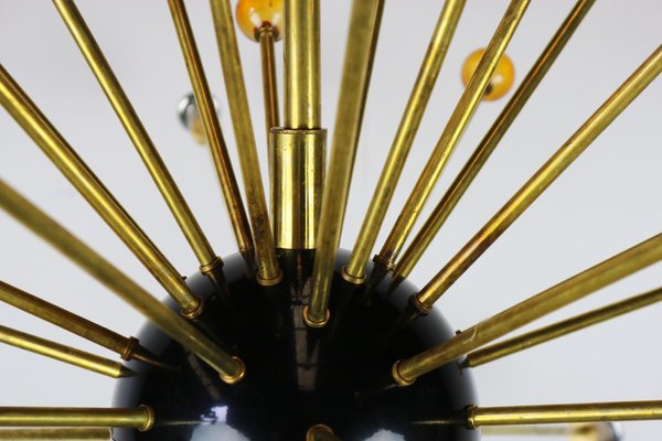 Italian Minimalist Sputnik Chandelier in Black, Gold & Murano Glass in the Style of Stilnovo, 1950s-WIP-671310