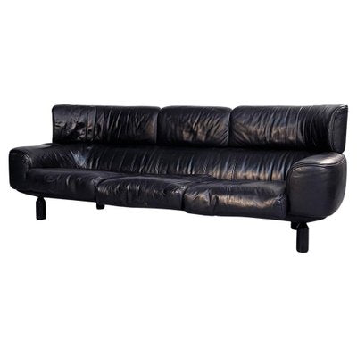 Italian Modern Black Leather & Wood 3-Seater Bull Sofa by Gianfranco Frattini for Cassina, 1980s-GDD-1260506