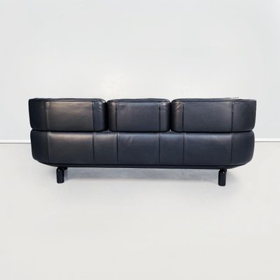 Italian Modern Black Leather & Wood 3-Seater Bull Sofa by Gianfranco Frattini for Cassina, 1980s-GDD-1260506