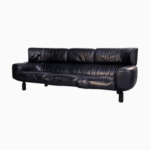 Italian Modern Black Leather & Wood 3-Seater Bull Sofa by Gianfranco Frattini for Cassina, 1980s-GDD-1260506