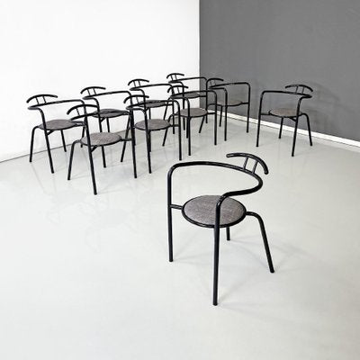 Italian Modern Black Metal and Grey Fabric Chairs with Round Seats, 1980s, Set of 10-GDD-1750890