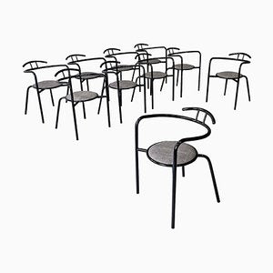 Italian Modern Black Metal and Grey Fabric Chairs with Round Seats, 1980s, Set of 10-GDD-1750890