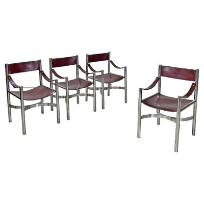 Italian Modern Brown Leather Chairs with Chromed Steel Structure, 1970s, Set of 4-GDD-1750891