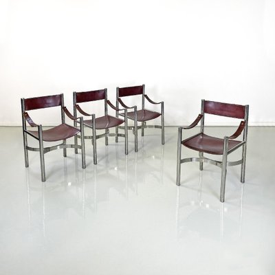 Italian Modern Brown Leather Chairs with Chromed Steel Structure, 1970s, Set of 4-GDD-1750891