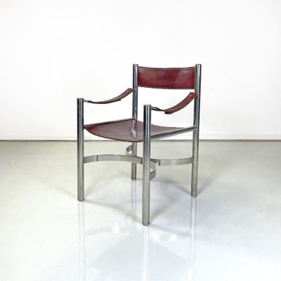 Italian Modern Brown Leather Chairs with Chromed Steel Structure, 1970s, Set of 4-GDD-1750891