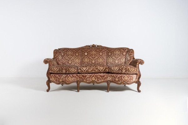 Italian Modern Carved Walnut and Velvet Sofa, 1950s-KMC-1386494