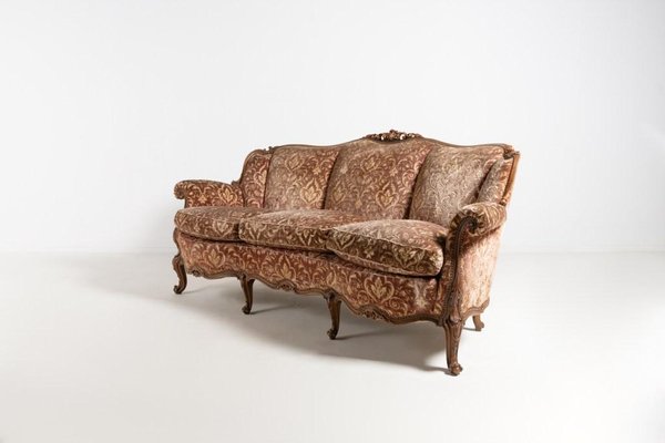 Italian Modern Carved Walnut and Velvet Sofa, 1950s-KMC-1386494