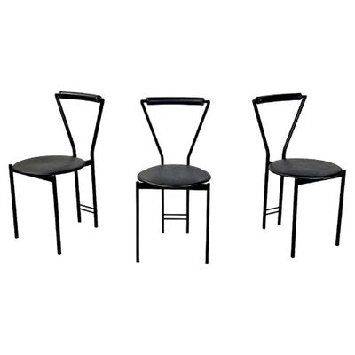 Italian Modern Chairs in Black Metal Leather and Rubber, 1980s, Set of 3-GDD-1750894