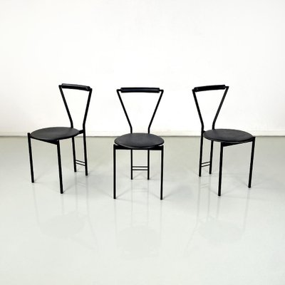 Italian Modern Chairs in Black Metal Leather and Rubber, 1980s, Set of 3-GDD-1750894