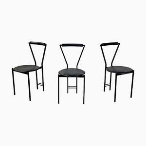 Italian Modern Chairs in Black Metal Leather and Rubber, 1980s, Set of 3-GDD-1750894