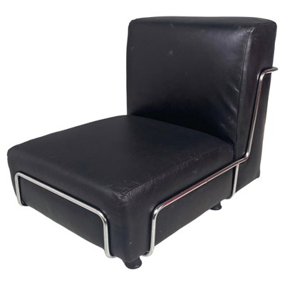 Italian Modern Square Lounge Chair in Black Leather and Metal, 1980s-GDD-1792742