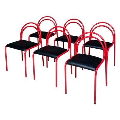 Italian Modern Stackable Red Metal & Black Faux Leather Dining Chairs, 1980s, Set of 6-GDD-1344884