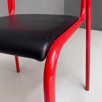 Italian Modern Stackable Red Metal & Black Faux Leather Dining Chairs, 1980s, Set of 6-GDD-1344884