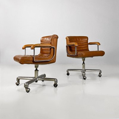 Italian Modern Steel & Leather Office Chairs attributed to Ettore Sottsass for Poltronova, 1970, Set of 2-GDD-2035229