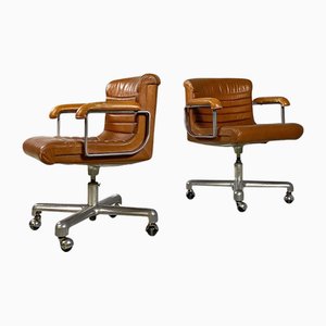 Italian Modern Steel & Leather Office Chairs attributed to Ettore Sottsass for Poltronova, 1970, Set of 2-GDD-2035229