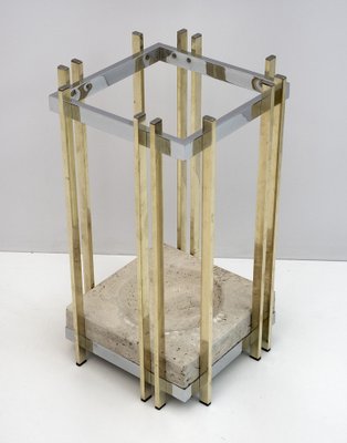 Italian Modern Travertine, Chrome & Brass Umbrella Stand, 1970s-FER-1191459