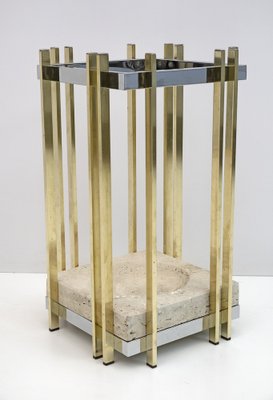 Italian Modern Travertine, Chrome & Brass Umbrella Stand, 1970s-FER-1191459