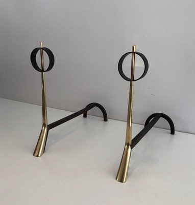 Italian Modernist Bronze & Wrought Iron Andirons, 1950s, Set of 2-BA-733221