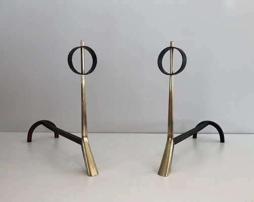 Italian Modernist Bronze & Wrought Iron Andirons, 1950s, Set of 2-BA-733221