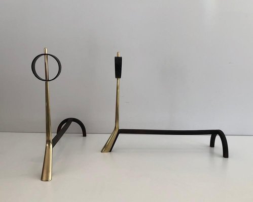 Italian Modernist Bronze & Wrought Iron Andirons, 1950s, Set of 2-BA-733221