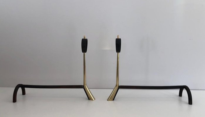 Italian Modernist Bronze & Wrought Iron Andirons, 1950s, Set of 2-BA-733221