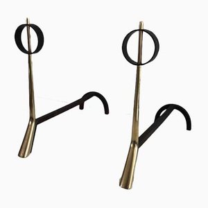 Italian Modernist Bronze & Wrought Iron Andirons, 1950s, Set of 2-BA-733221